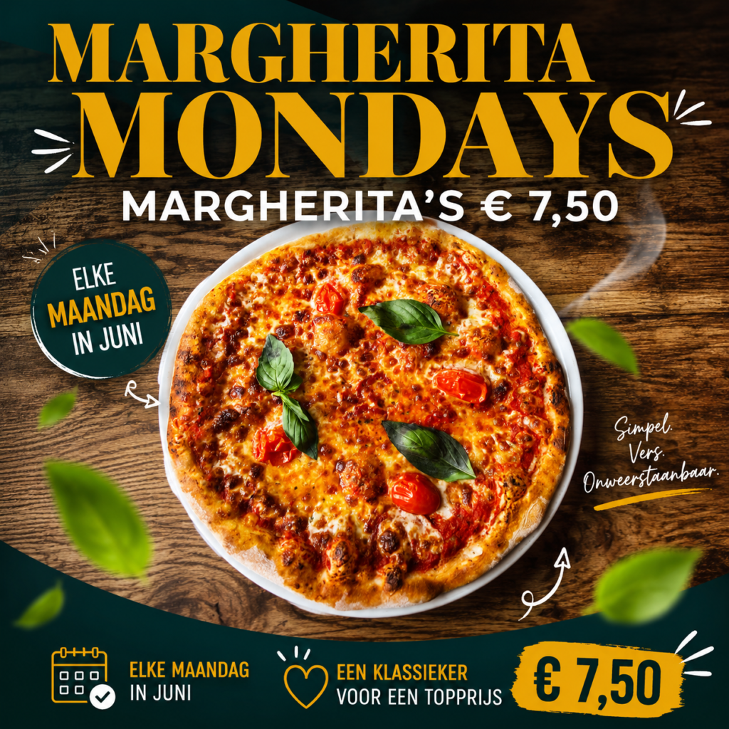 margherita pizza € 7,50 actie bij WOODSTONE in juni